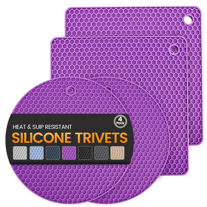 Silicone Trivet Mats 4 Heat Resistant Pot Holders Multipurpose Non-Slip Hot Pads for Kitchen Potholders, Drying mat, Jar Opener, Spoon Holder, Coaster(Dark Grey)