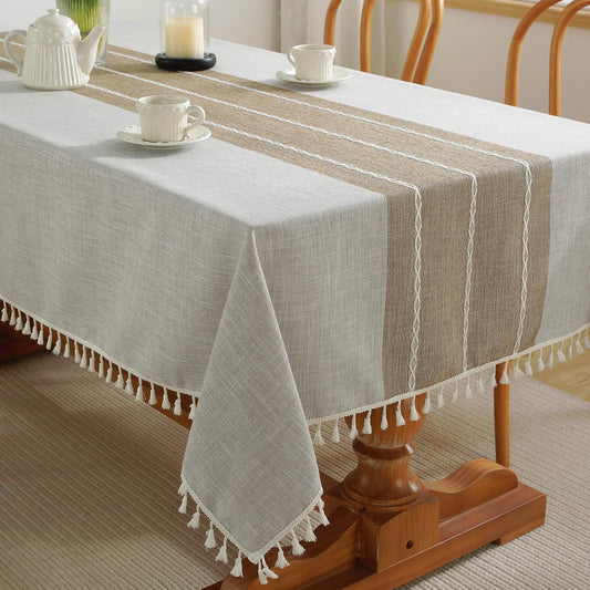 Alsoo Fall Tablecloth Rectangle Linen Style, Outdoor Waterproof Rustic Boho Farmhouse Cotton Table Cloth Wrinkle Free for Picnic Camping Party Kitchen Dining (Coffee Lines, 4-6 Seats, 55x75 Inches)