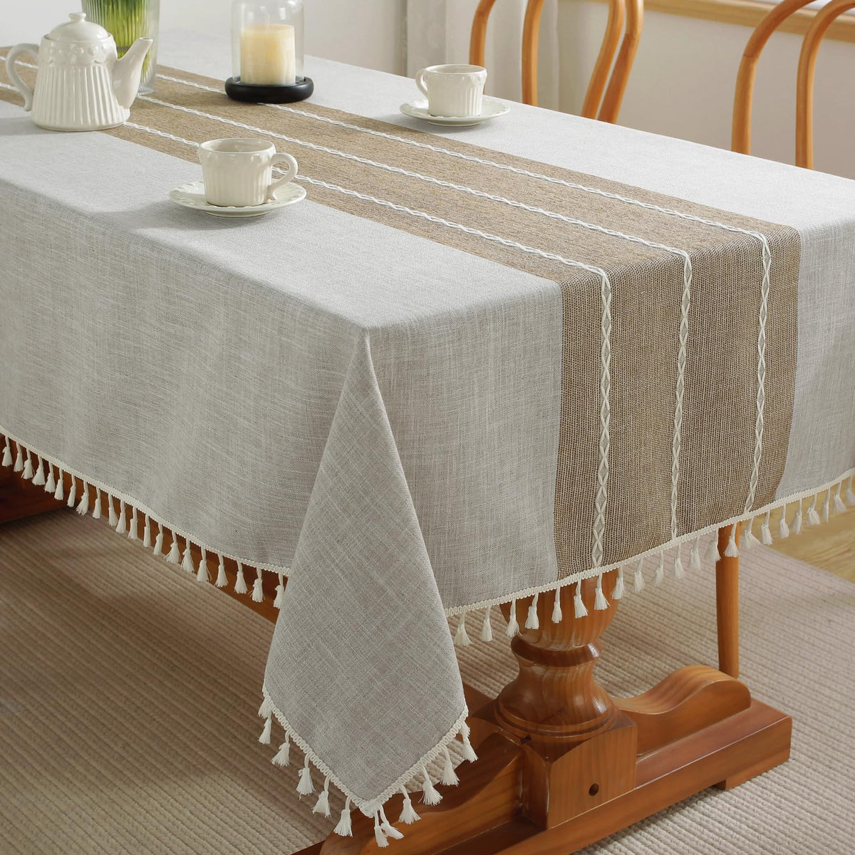 Alsoo Fall Tablecloth Rectangle Linen Style, Outdoor Waterproof Rustic Boho Farmhouse Cotton Table Cloth Wrinkle Free for Picnic Camping Party Kitchen Dining (Coffee Lines, 4-6 Seats, 55x75 Inches)