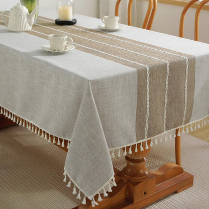 Alsoo Fall Tablecloth Rectangle Linen Style, Outdoor Waterproof Rustic Boho Farmhouse Cotton Table Cloth Wrinkle Free for Picnic Camping Party Kitchen Dining (Coffee Lines, 4-6 Seats, 55x75 Inches)