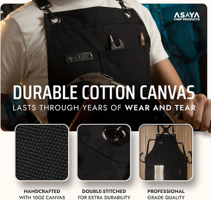 Asaya Chef and BBQ Apron with Bottle Opener and Hand Towel - 10oz Cotton Canvas, Stainless Steel Hardware - Cross Back Straps