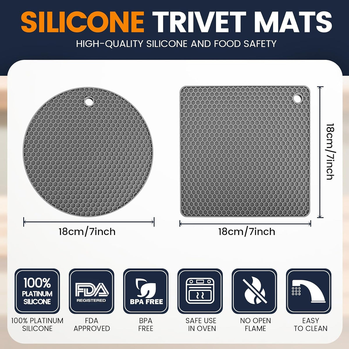 Silicone Trivet Mats 4 Heat Resistant Pot Holders Multipurpose Non-Slip Hot Pads for Kitchen Potholders, Drying mat, Jar Opener, Spoon Holder, Coaster(Dark Grey)