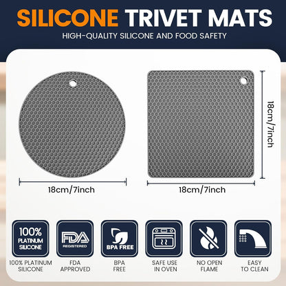 Silicone Trivet Mats 4 Heat Resistant Pot Holders Multipurpose Non-Slip Hot Pads for Kitchen Potholders, Drying mat, Jar Opener, Spoon Holder, Coaster(Dark Grey)