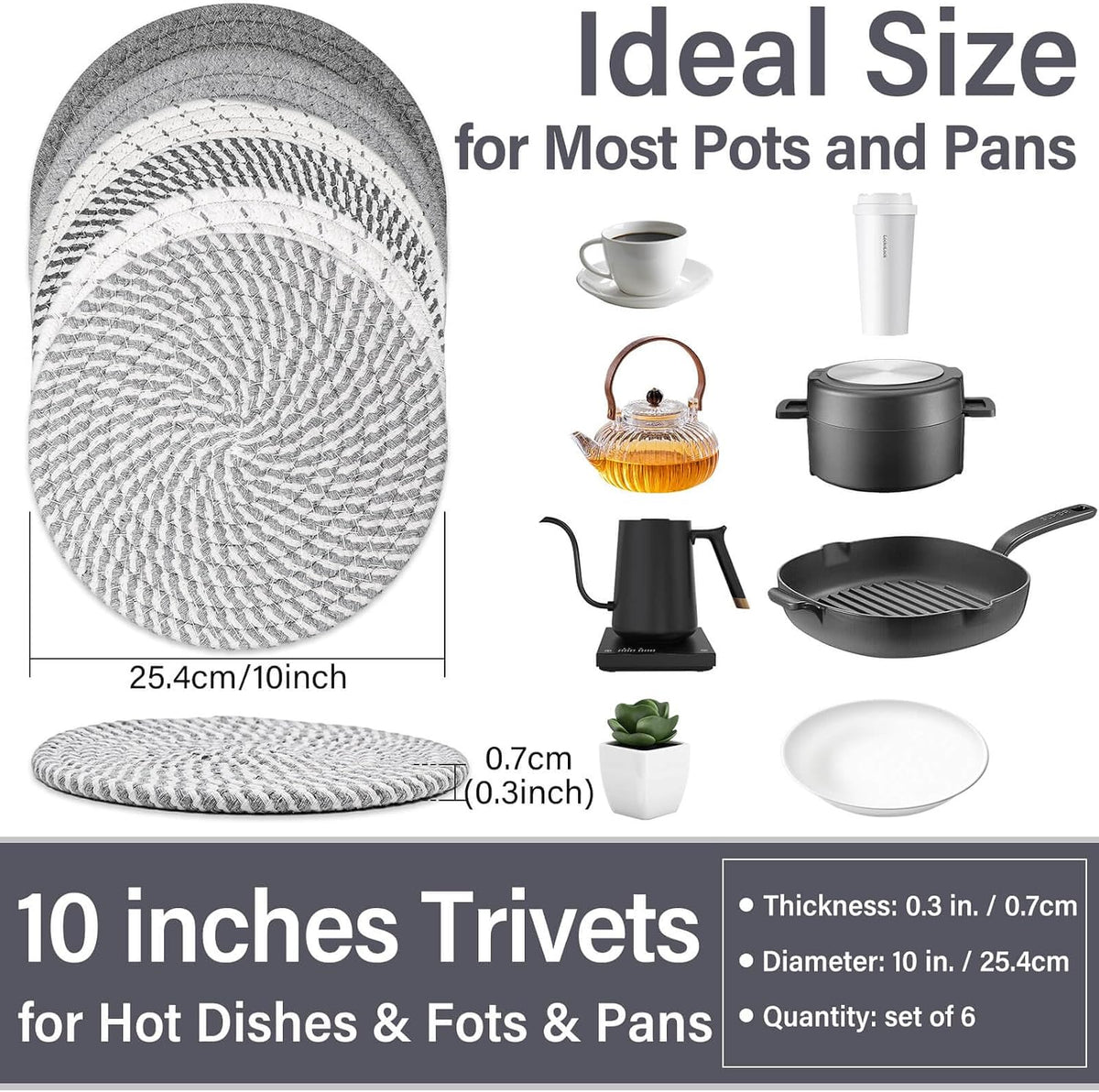 Billbotk 10" Trivets for Hot Dishes, Hot pots and Pans, Set of 6, Heat Resistant Pot Holders for Kitchen, Hot Pads for Countertops