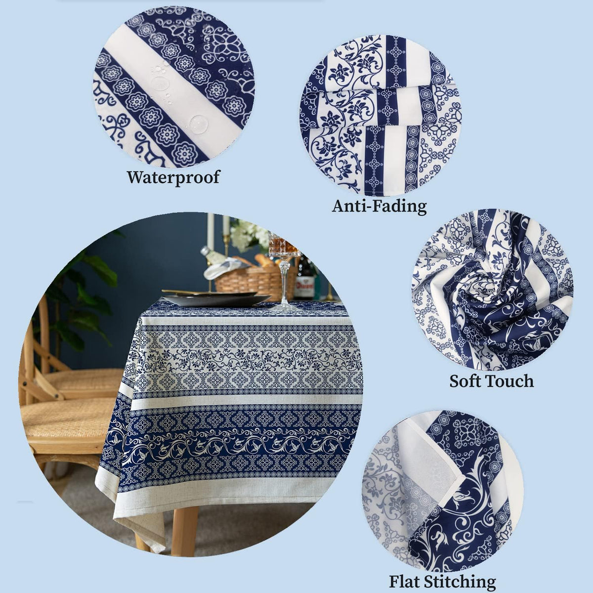 Rectangle Tablecloth - 60 x 120 Inch Blue Bohemia Rustic Tablecloth Classic French Country Printed Table Cover Farmhouse Decoration, Suitable for Home, Kitchen Dining