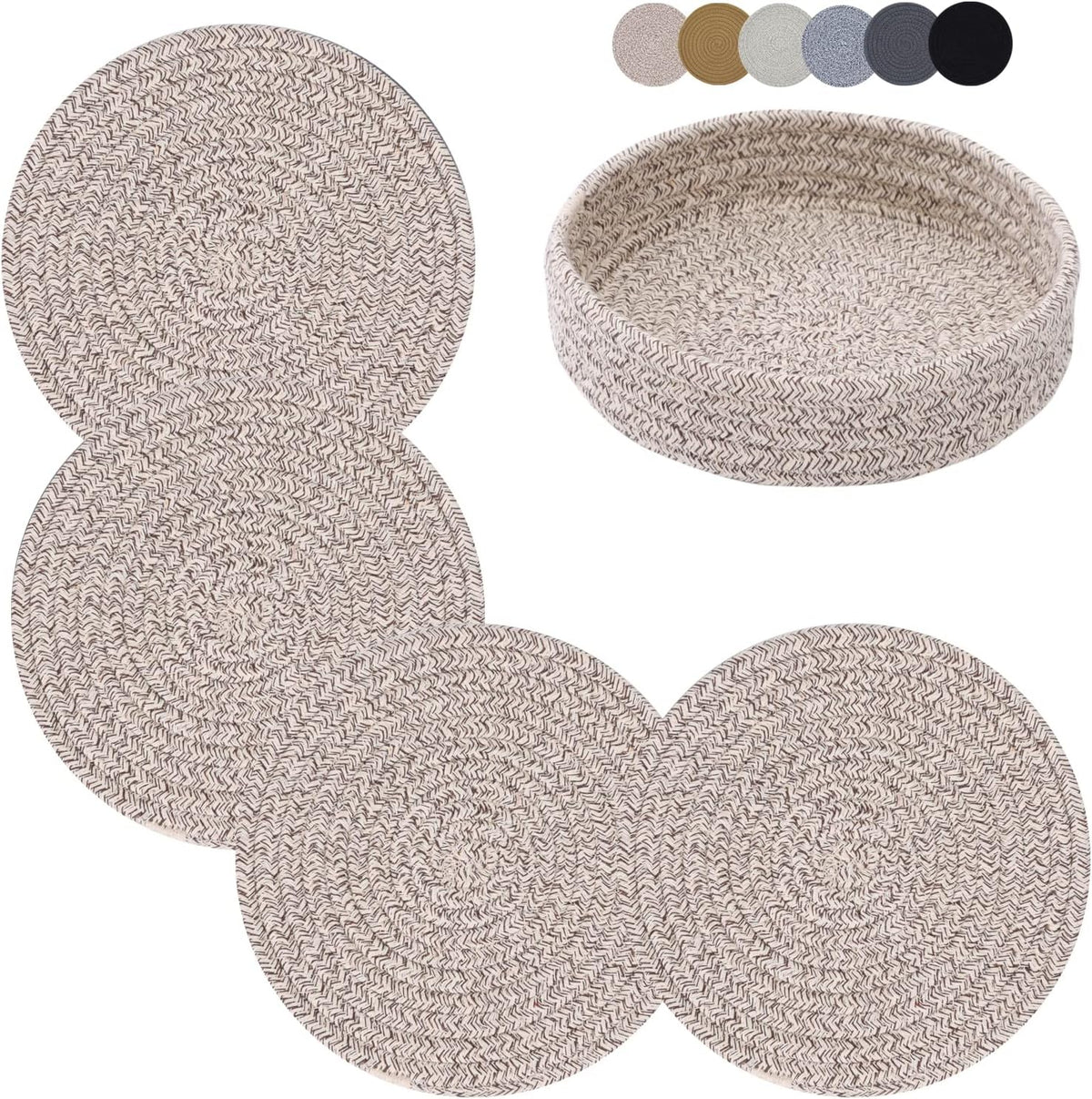 Coga Trivets for Hot Dishes, 4 Pack 7 Inch Cotton Hot Pads for Kitchen with Storage Basket, Round Pot Holders for Kitchen, Heat Resistant Mats for Countertop, Pots and Pans, Farmhouse Decor, Brown