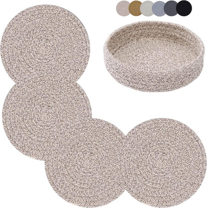 Coga Trivets for Hot Dishes, 4 Pack 7 Inch Cotton Hot Pads for Kitchen with Storage Basket, Round Pot Holders for Kitchen, Heat Resistant Mats for Countertop, Pots and Pans, Farmhouse Decor, Brown