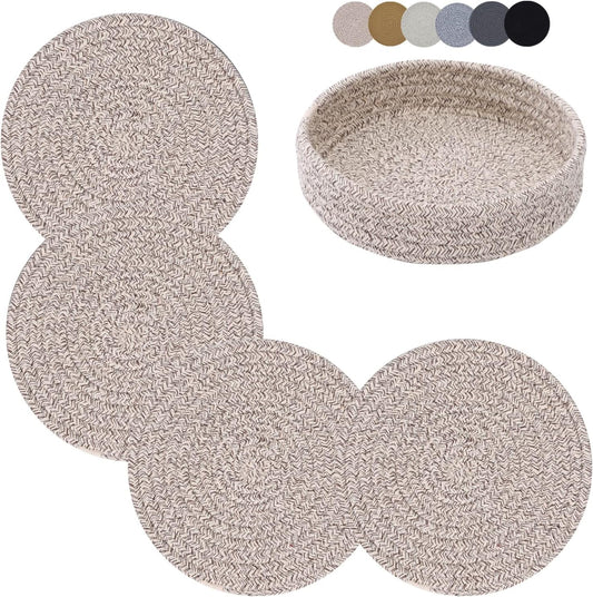 Coga Trivets for Hot Dishes, 4 Pack 7 Inch Cotton Hot Pads for Kitchen with Storage Basket, Round Pot Holders for Kitchen, Heat Resistant Mats for Countertop, Pots and Pans, Farmhouse Decor, Brown