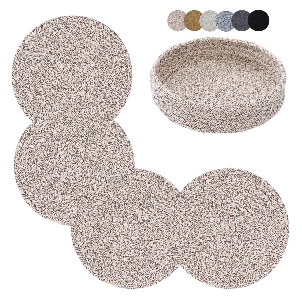 Coga Trivets for Hot Dishes, 4 Pack 7 Inch Cotton Hot Pads for Kitchen with Storage Basket, Round Pot Holders for Kitchen, Heat Resistant Mats for Countertop, Pots and Pans, Farmhouse Decor, Brown
