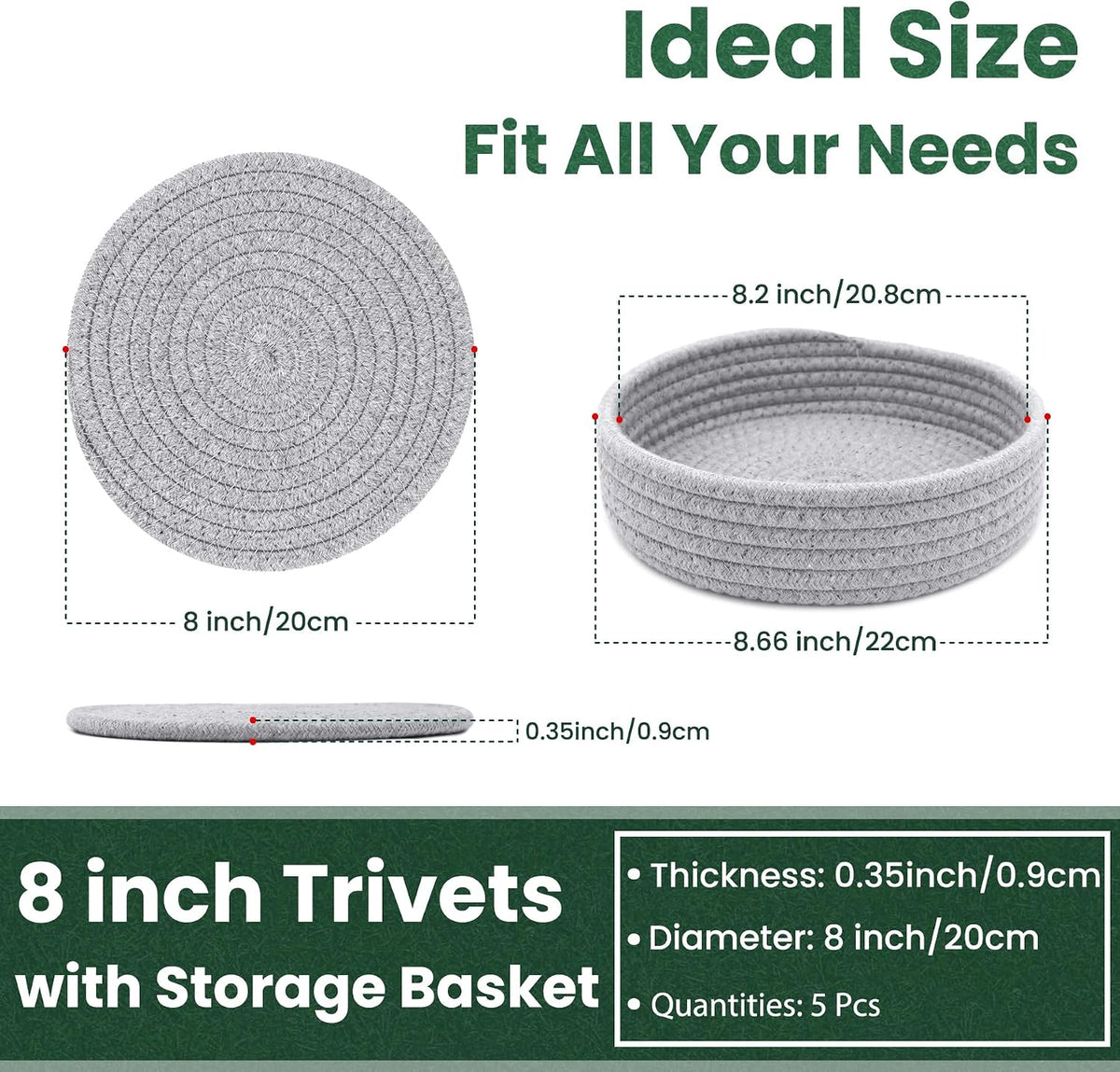 8 Inch Trivets for Hot Dishes, Hot Pots and Pans, 5 Pcs