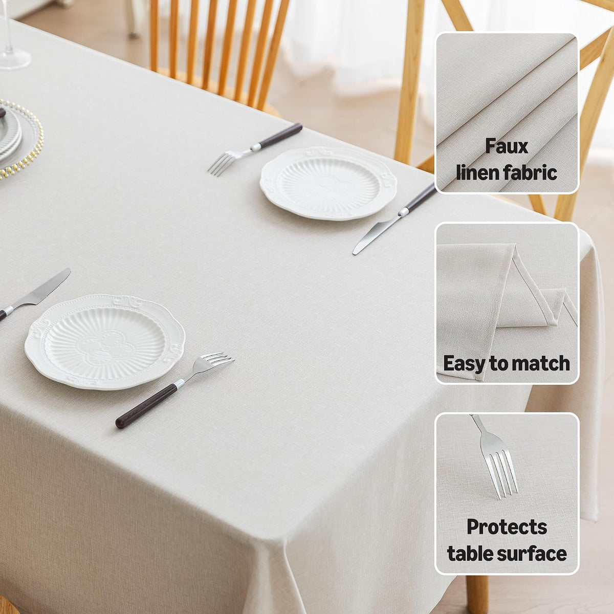 Amazon Basics Rectangle Tablecloths Water-Repellent, Faux Linen Textured Table Cloth Wrinkle Resistant Washable, Decorative Fabric Table Cover for Dining, 60" x 84", Beige, Pack of 2