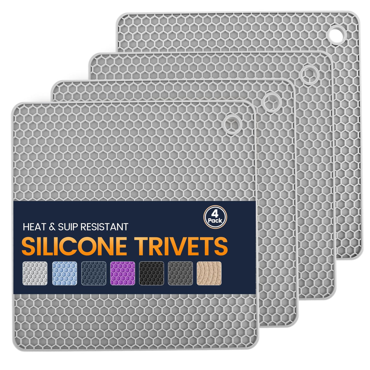 Silicone Trivet Mats 4 Heat Resistant Pot Holders Multipurpose Non-Slip Hot Pads for Kitchen Potholders, Drying mat, Jar Opener, Spoon Holder, Coaster(Dark Grey)