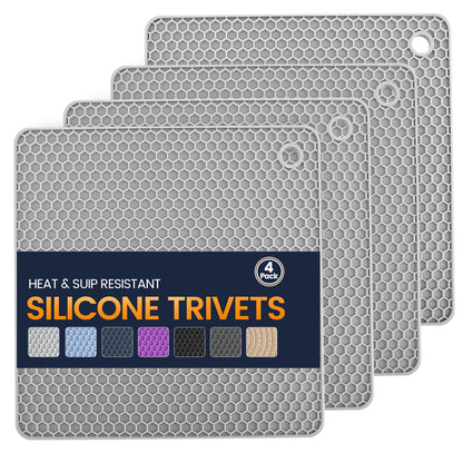 Silicone Trivet Mats 4 Heat Resistant Pot Holders Multipurpose Non-Slip Hot Pads for Kitchen Potholders, Drying mat, Jar Opener, Spoon Holder, Coaster(Dark Grey)