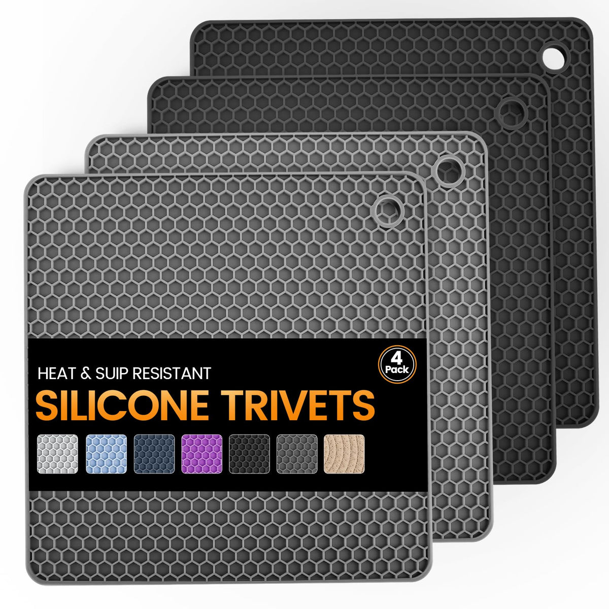 Silicone Trivet Mats 4 Heat Resistant Pot Holders Multipurpose Non-Slip Hot Pads for Kitchen Potholders, Drying mat, Jar Opener, Spoon Holder, Coaster(Dark Grey)