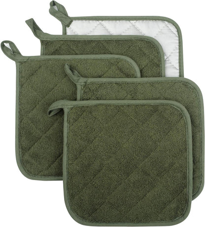 Pot Holders for Kitchen, 100% Cotton Terry Pot Holder Set of 5, Heat Resistant Hot Pads for Cooking, Baking, Hot Dishes and Countertop Protection, Olive Green