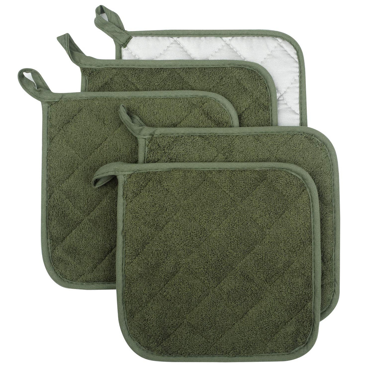 Pot Holders for Kitchen, 100% Cotton Terry Pot Holder Set of 5, Heat Resistant Hot Pads for Cooking, Baking, Hot Dishes and Countertop Protection, Olive Green