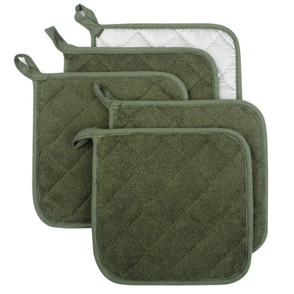 Pot Holders for Kitchen, 100% Cotton Terry Pot Holder Set of 5, Heat Resistant Hot Pads for Cooking, Baking, Hot Dishes and Countertop Protection, Olive Green