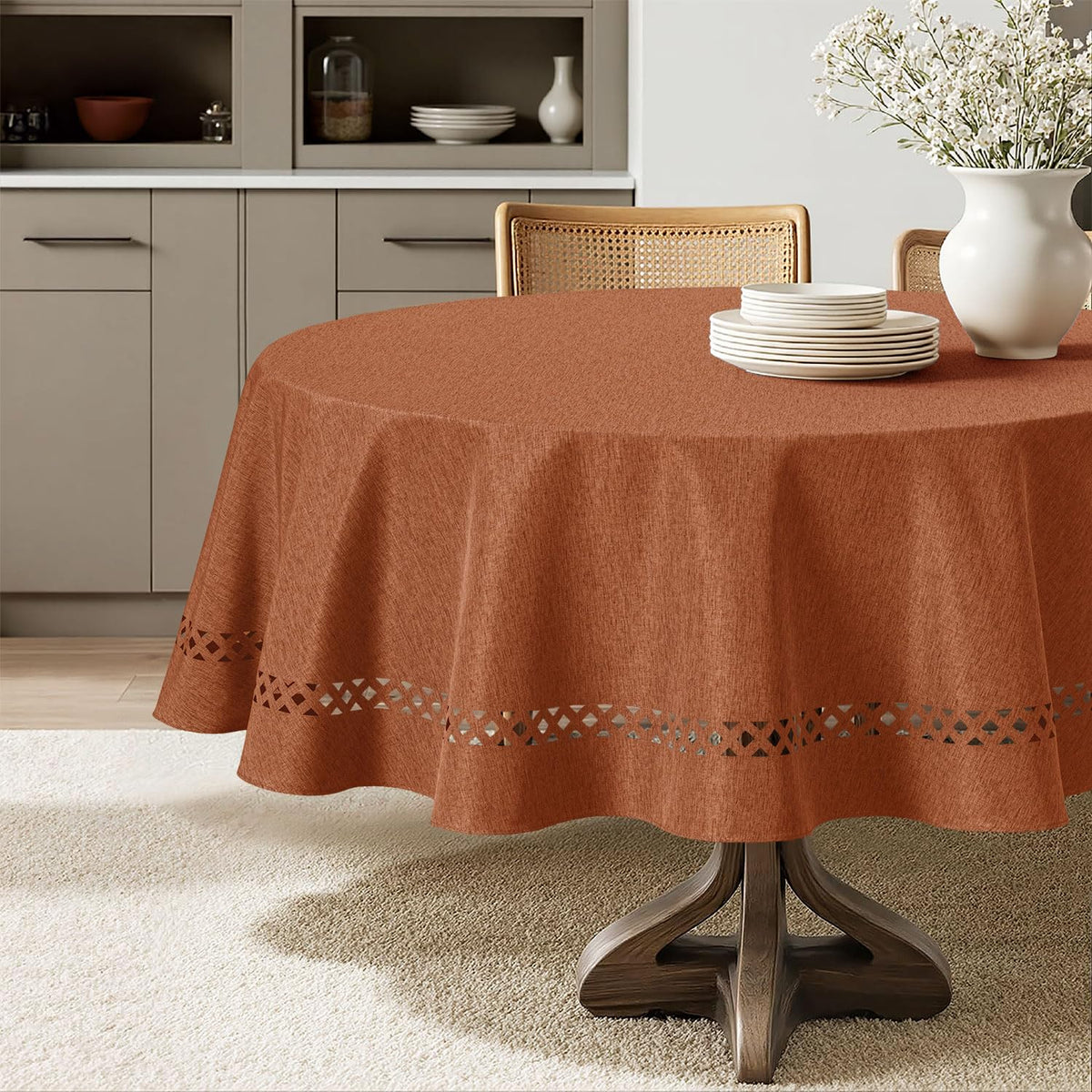MIULEE Beige Rectangle Tablecloth with Decorative Cutouts 60x84 Inch