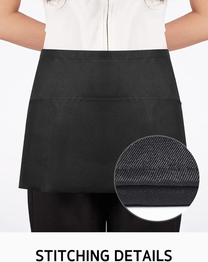 Syntus 3 Pack Cotton Server Apron with Pockets for Women, Black Waist Apron