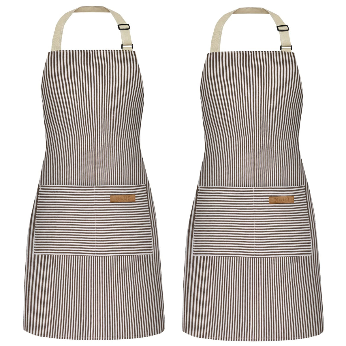 NLUS 2 Pack Kitchen Cooking Aprons, Adjustable Bib Soft Chef Apron with 2 Pockets for Men Women(Black/Brown Stripes)