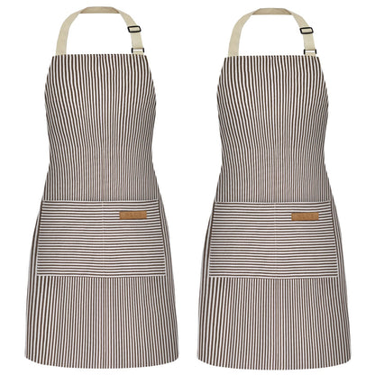 NLUS 2 Pack Kitchen Cooking Aprons, Adjustable Bib Soft Chef Apron with 2 Pockets for Men Women(Black/Brown Stripes)