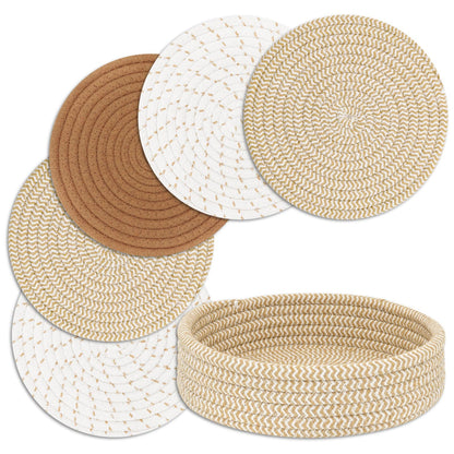 Trivets for Hot Dishes, Pots and Pans, Hot Pads with Storage Basket, Pot Holders for Kitchen, Heat Resistant Mat Protect Counter Home Essentials, Farmhouse Decor (Mix Brown 5 PCS)