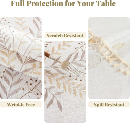 Alsoo Rectangle Tablecloth 55" x 106", Farmhouse Linen Style Table Cloth with Brown Fern Embroidery & Tassels, Heavy Weight Wrinkle & Spill Resistant Table Cover for Dining Kitchen