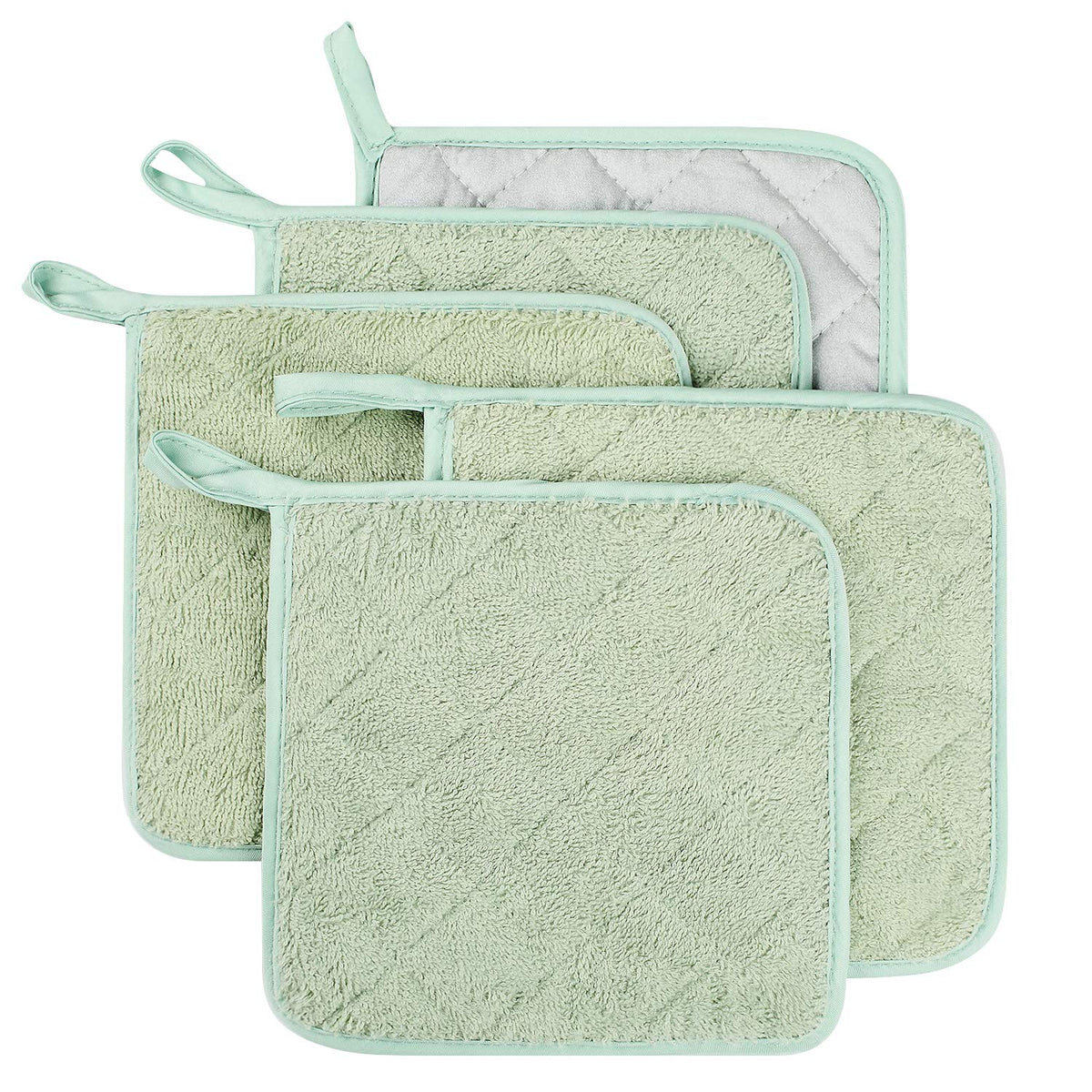 Pot Holders for Kitchen, 100% Cotton Terry Pot Holder Set of 5, Heat Resistant Hot Pads for Cooking, Baking, Hot Dishes and Countertop Protection, Olive Green