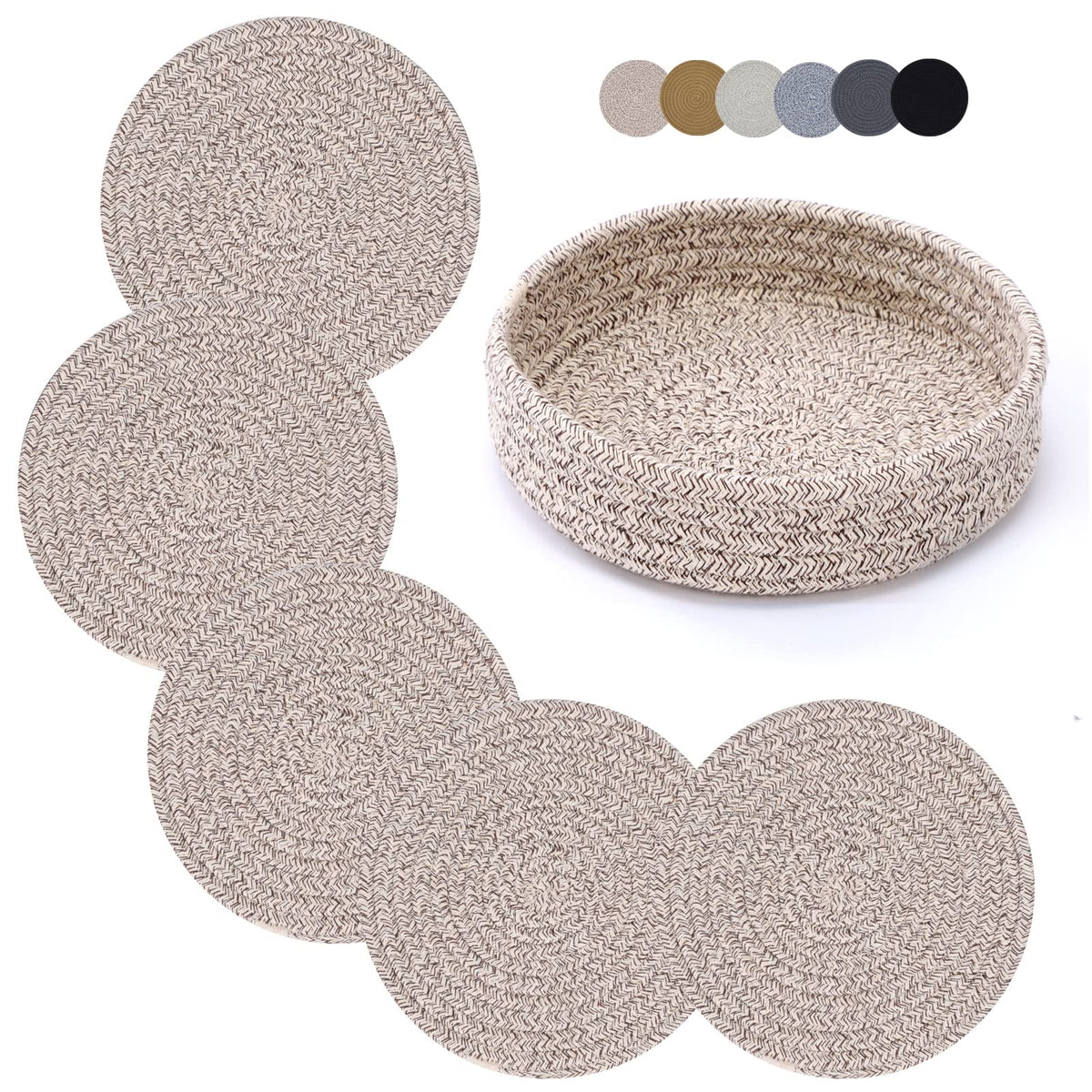 Coga Trivets for Hot Dishes, 4 Pack 7 Inch Cotton Hot Pads for Kitchen with Storage Basket, Round Pot Holders for Kitchen, Heat Resistant Mats for Countertop, Pots and Pans, Farmhouse Decor, Brown