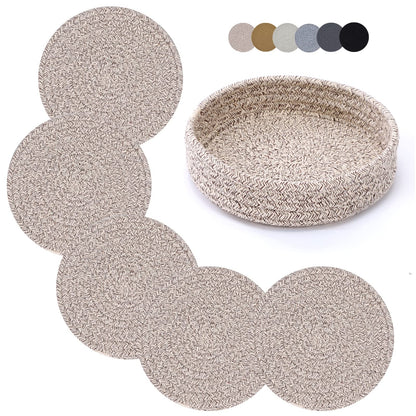 Coga Trivets for Hot Dishes, 4 Pack 7 Inch Cotton Hot Pads for Kitchen with Storage Basket, Round Pot Holders for Kitchen, Heat Resistant Mats for Countertop, Pots and Pans, Farmhouse Decor, Brown