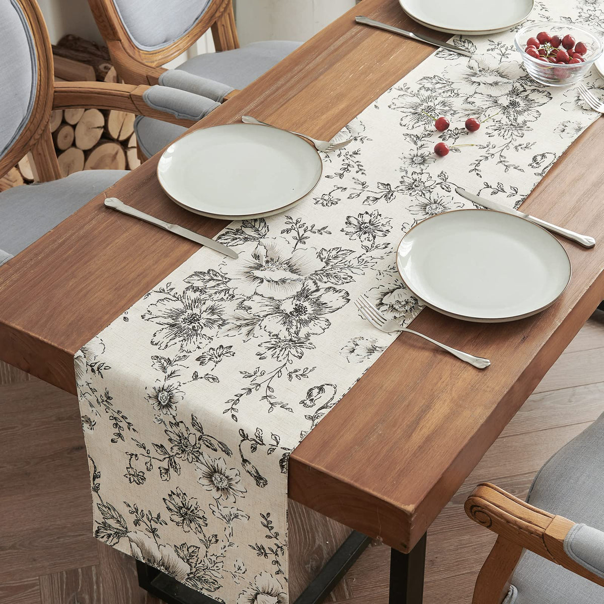 jinchan Black Farmhouse Floral Linen Rectangle Table Cloth 52 x 70 Inch