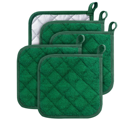 Pot Holders for Kitchen, 100% Cotton Terry Pot Holder Set of 5, Heat Resistant Hot Pads for Cooking, Baking, Hot Dishes and Countertop Protection, Olive Green
