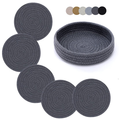 Coga Trivets for Hot Dishes, 4 Pack 7 Inch Cotton Hot Pads for Kitchen with Storage Basket, Round Pot Holders for Kitchen, Heat Resistant Mats for Countertop, Pots and Pans, Farmhouse Decor, Brown