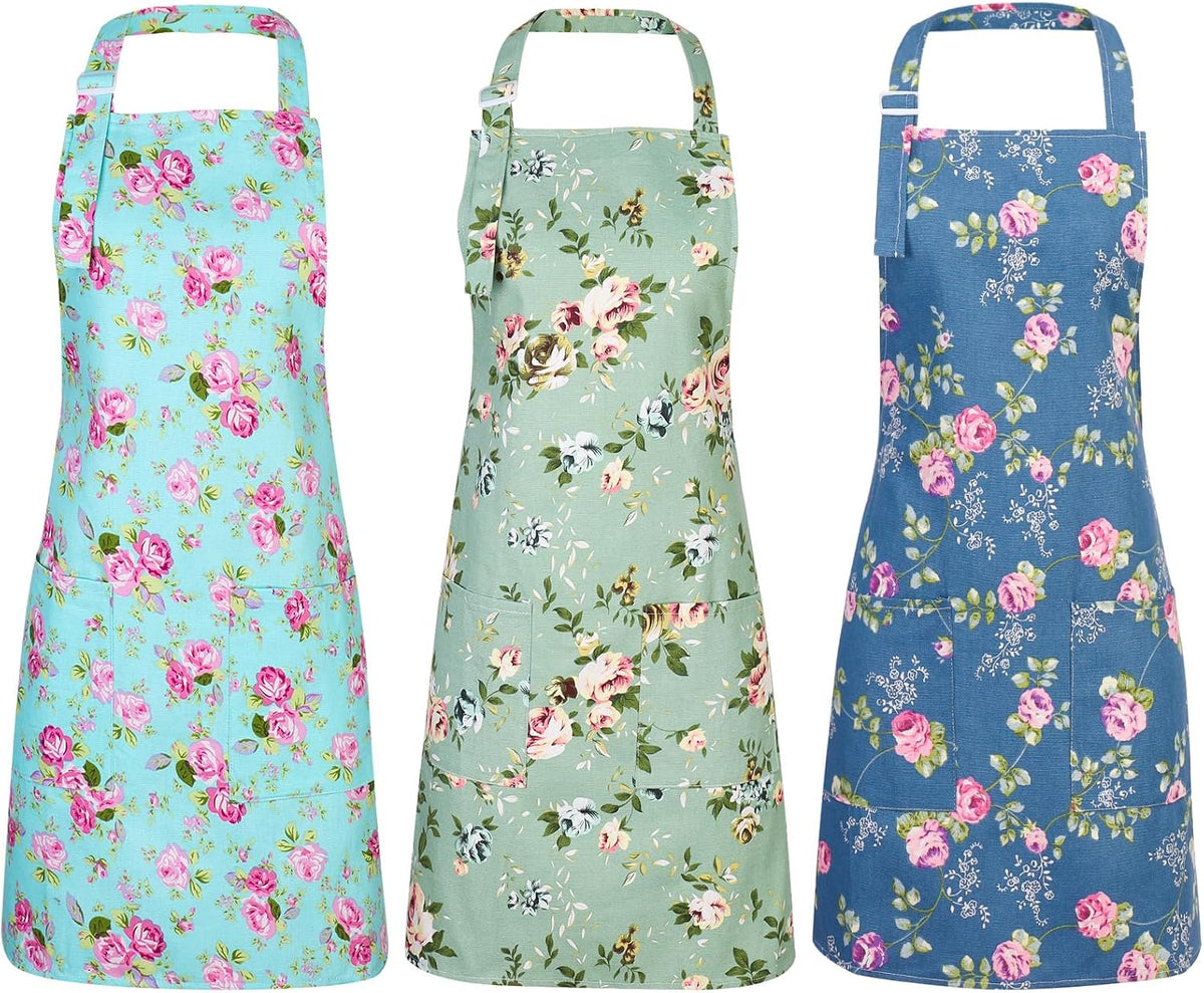 Auidy_6TXD 3 Pack Floral Aprons for Women, Kitchen Aprons with 2 Pockets