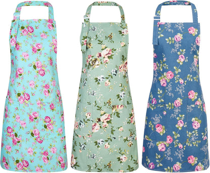 Auidy_6TXD 3 Pack Floral Aprons for Women, Kitchen Aprons with 2 Pockets
