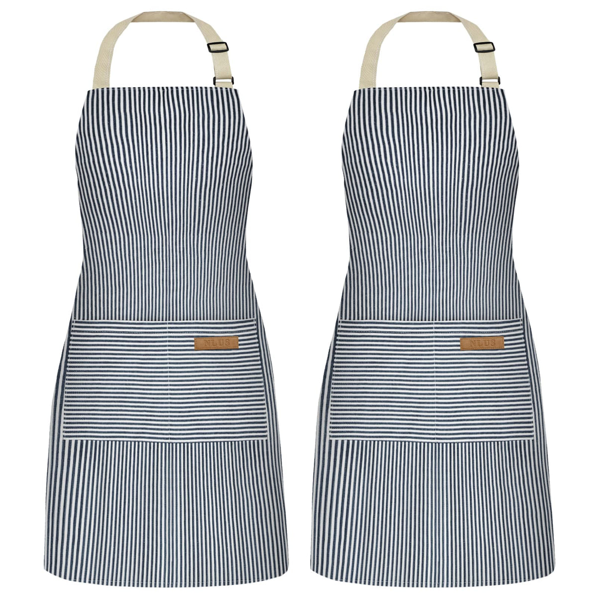 NLUS 2 Pack Kitchen Cooking Aprons, Adjustable Bib Soft Chef Apron with 2 Pockets for Men Women(Black/Brown Stripes)