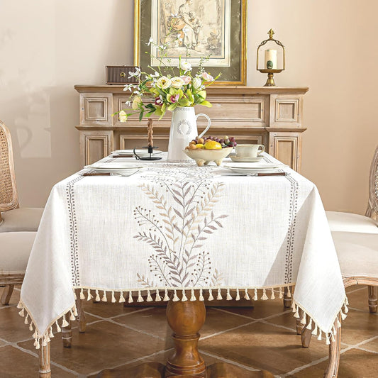 Alsoo Rectangle Tablecloth 55" x 106", Farmhouse Linen Style Table Cloth with Brown Fern Embroidery & Tassels, Heavy Weight Wrinkle & Spill Resistant Table Cover for Dining Kitchen