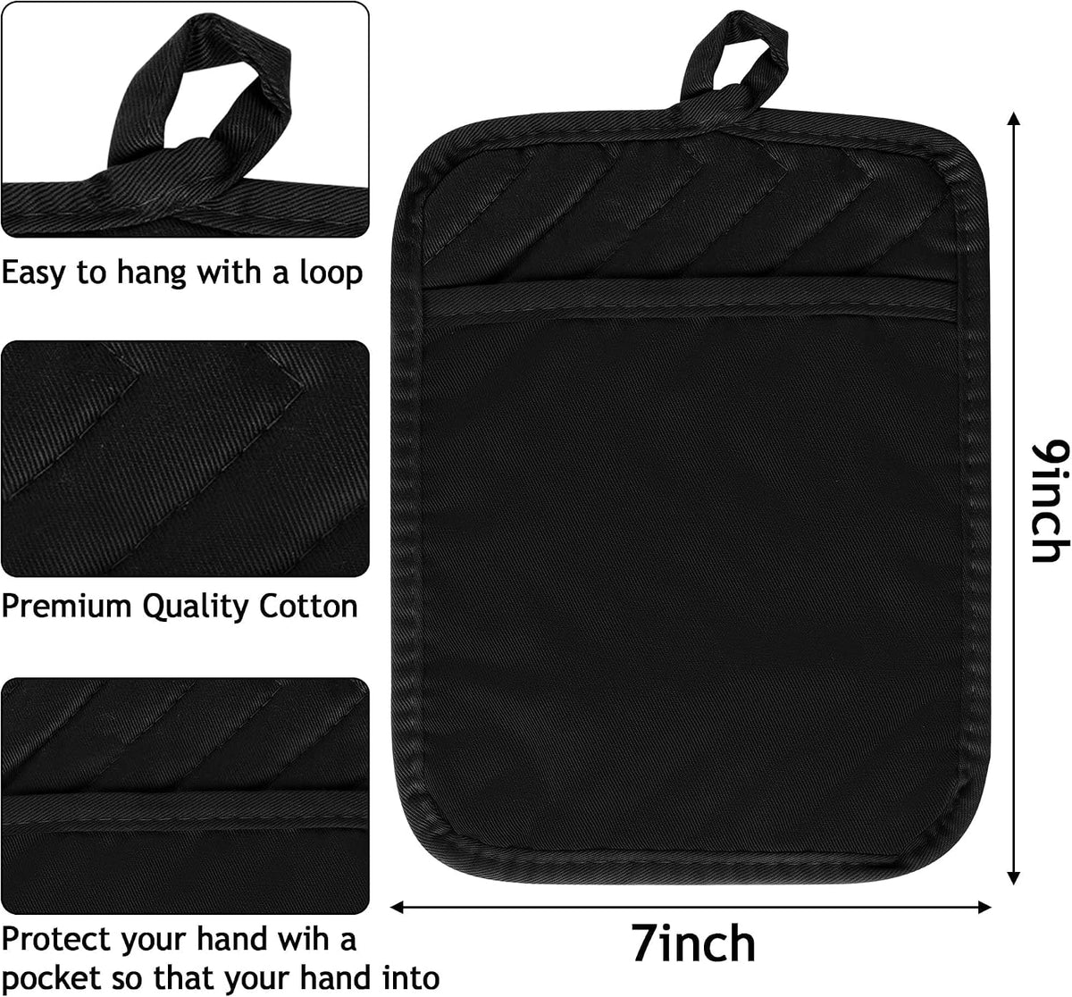 R HORSE 6Pcs Black Pot Holders with Pocket for Kitchen, 7''x 9''