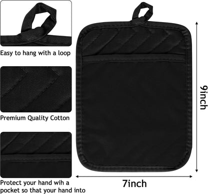 R HORSE 6Pcs Black Pot Holders with Pocket for Kitchen, 7''x 9''