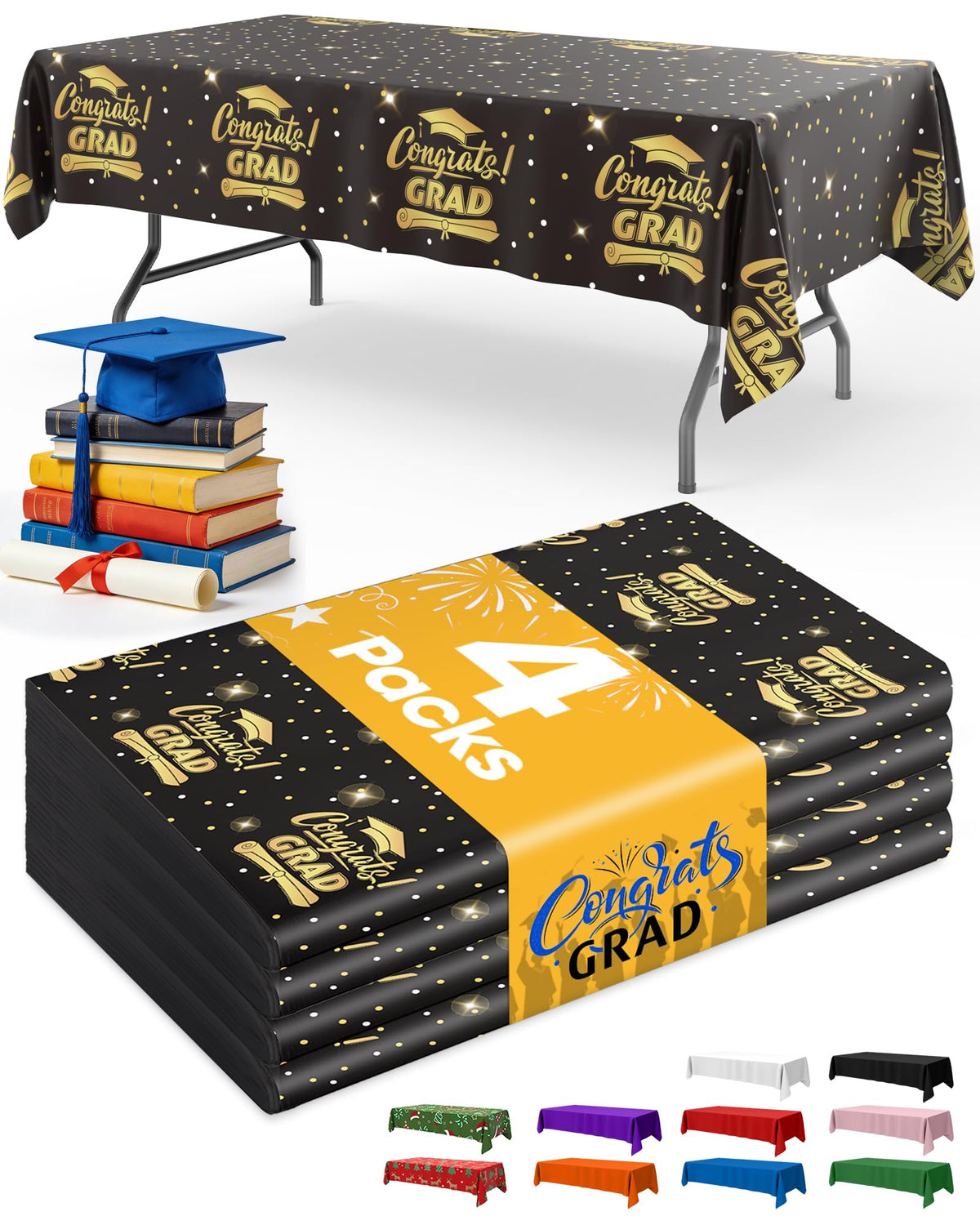 Niuara Black Plastic Table Cloth Disposable, 4 Pack, 54 x 108 in