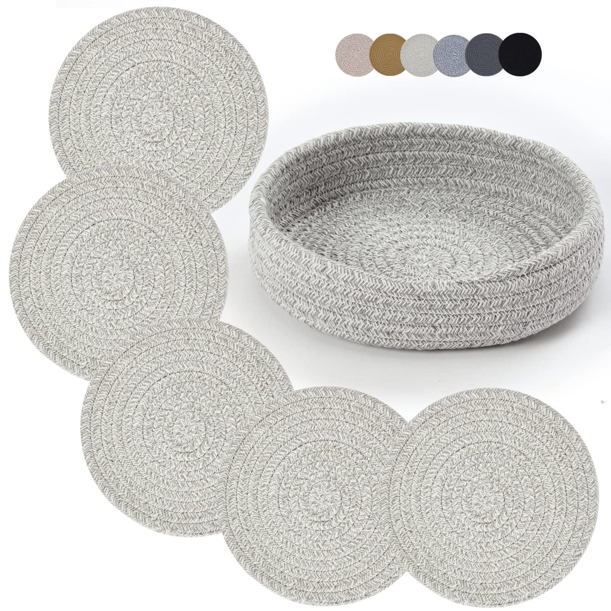 Coga Trivets for Hot Dishes, 4 Pack 7 Inch Cotton Hot Pads for Kitchen with Storage Basket, Round Pot Holders for Kitchen, Heat Resistant Mats for Countertop, Pots and Pans, Farmhouse Decor, Brown