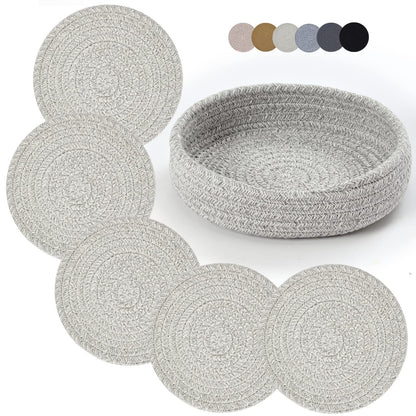 Coga Trivets for Hot Dishes, 4 Pack 7 Inch Cotton Hot Pads for Kitchen with Storage Basket, Round Pot Holders for Kitchen, Heat Resistant Mats for Countertop, Pots and Pans, Farmhouse Decor, Brown