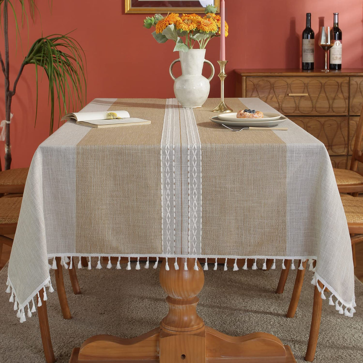 Laolitou Rustic Tablecloth Cotton Linen Waterproof Farmhouse Tablecloth Burlap Table Cloths for Kitchen Dining Cloth Table Cloth for Rectangle Tables Coffee Lines Rectangle,55''x70'',4-6 Seats