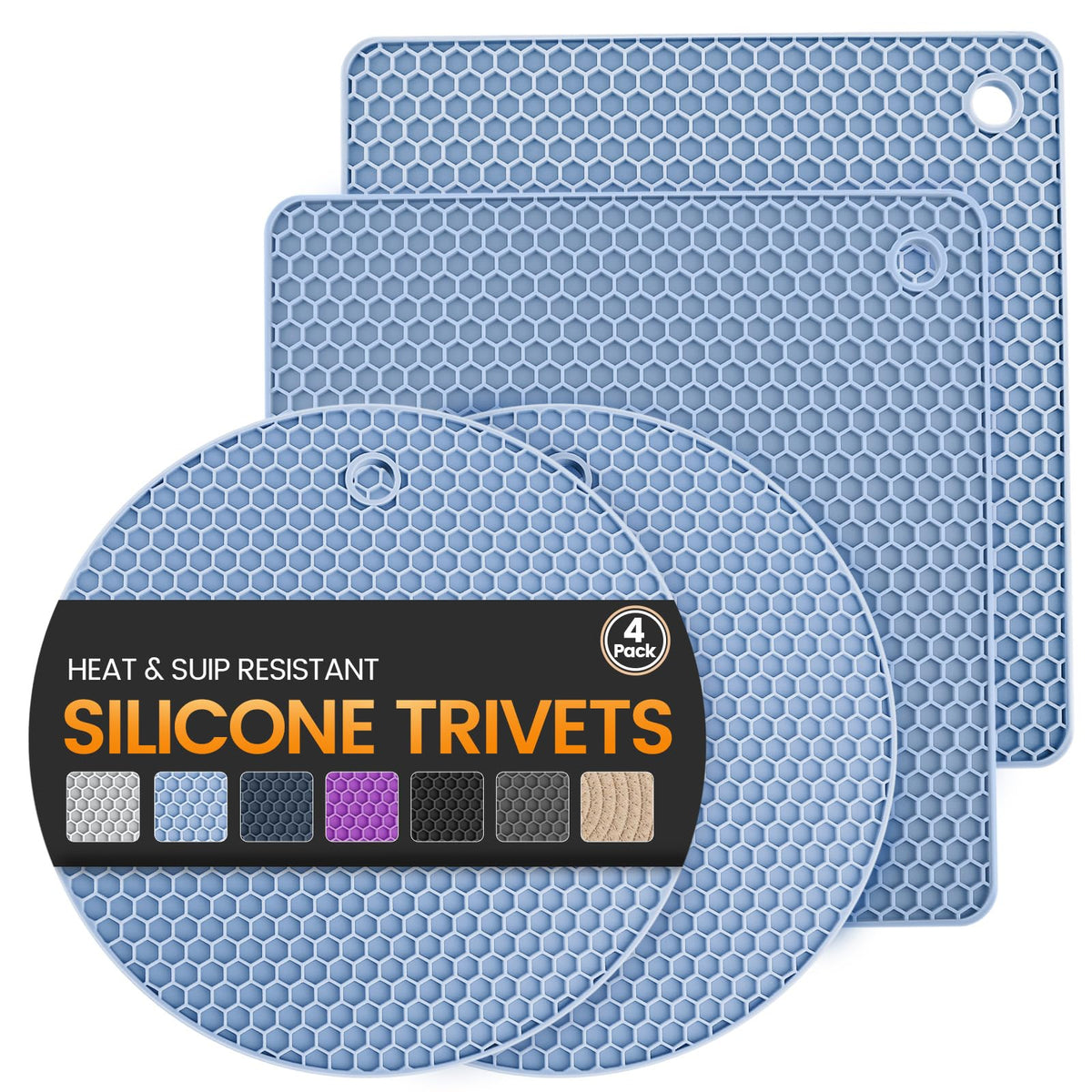 Silicone Trivet Mats 4 Heat Resistant Pot Holders Multipurpose Non-Slip Hot Pads for Kitchen Potholders, Drying mat, Jar Opener, Spoon Holder, Coaster(Dark Grey)