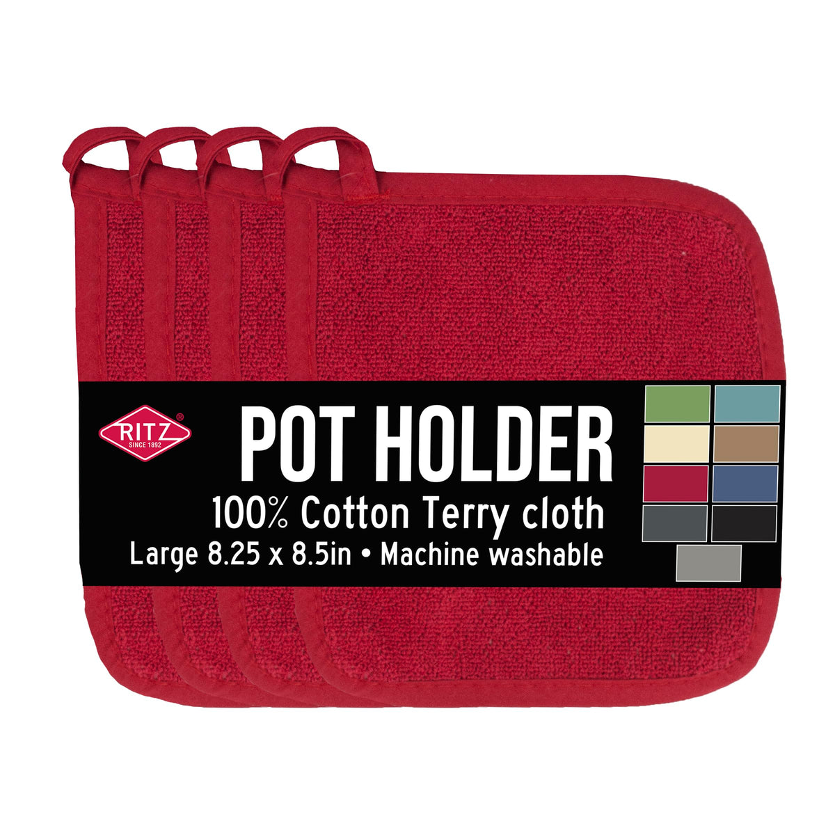 RITZ Terry Potholder & Hot Pad: Unparalleled Heat Resistant, Durable 100% Cotton – Ergonomically Designed for Optimal Grip – Easy-Care Machine Washable – 4-Pack, Federal Blue