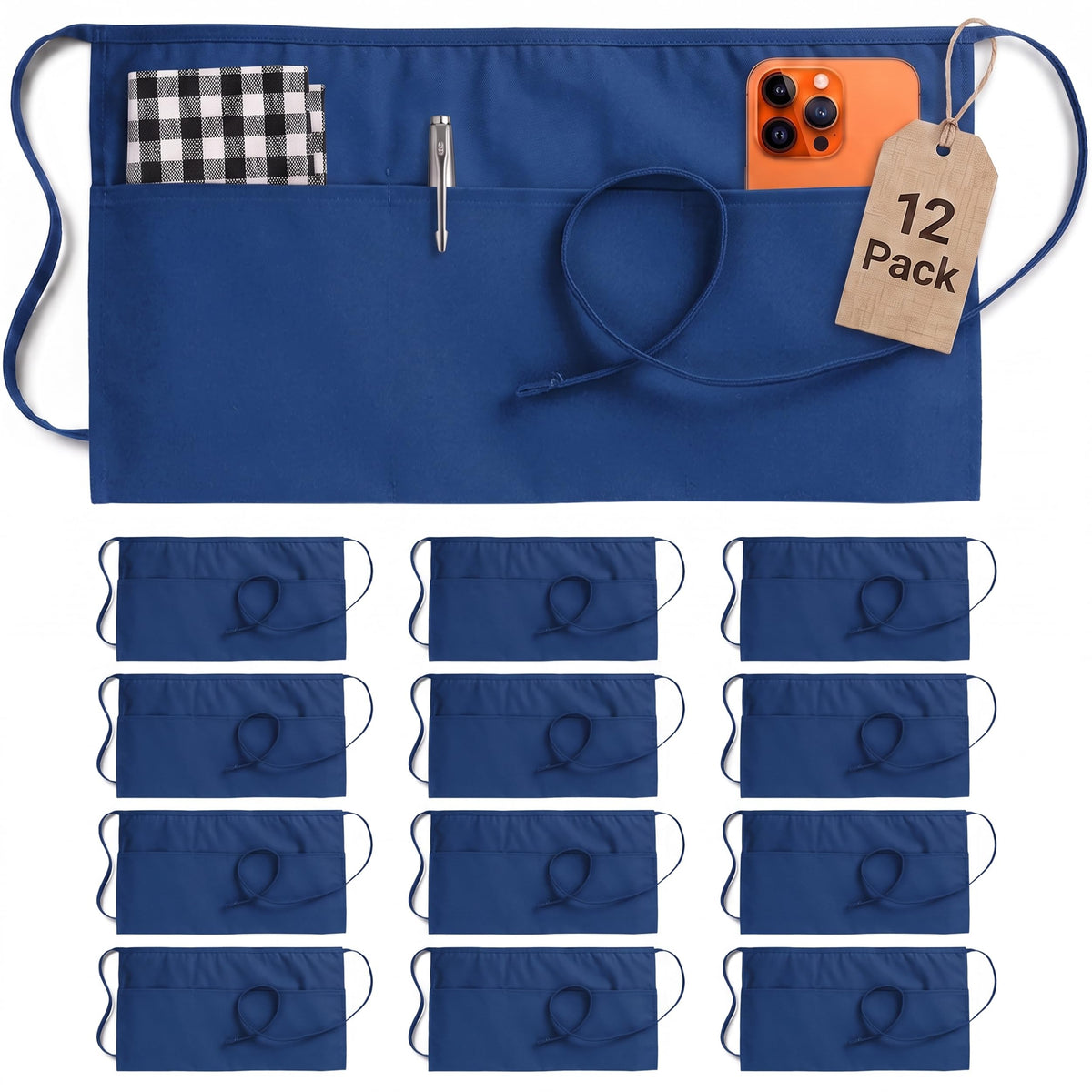 Utopia Wear Server Waist Aprons 12 Pack with 3 Pockets 100% Polyester
