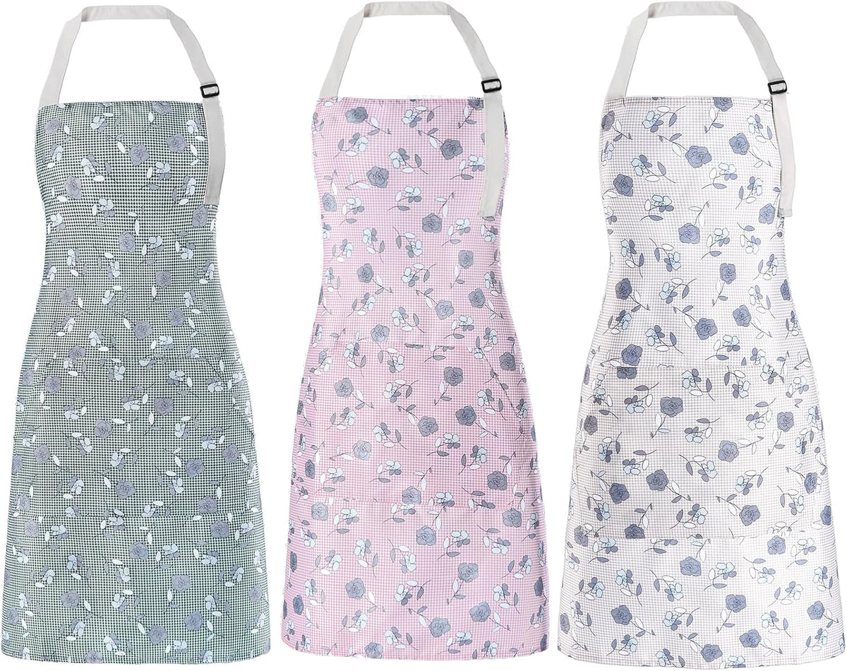 Apron for Women with Pockets, 3 PCs Waterproof Floral Apron with Adjustable Neck Strap for Cooking, Baking, Gardening, Art Craft