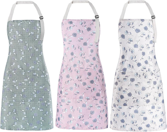 Apron for Women with Pockets, 3 PCs Waterproof Floral Apron with Adjustable Neck Strap for Cooking, Baking, Gardening, Art Craft