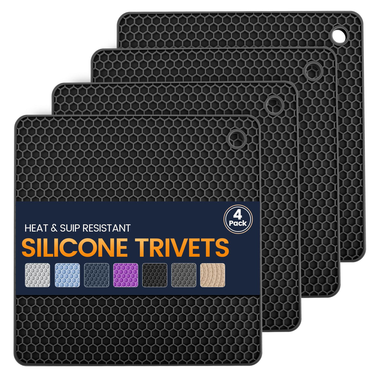 Silicone Trivet Mats 4 Heat Resistant Pot Holders Multipurpose Non-Slip Hot Pads for Kitchen Potholders, Drying mat, Jar Opener, Spoon Holder, Coaster(Dark Grey)
