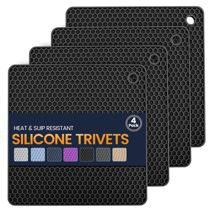 Silicone Trivet Mats 4 Heat Resistant Pot Holders Multipurpose Non-Slip Hot Pads for Kitchen Potholders, Drying mat, Jar Opener, Spoon Holder, Coaster(Dark Grey)